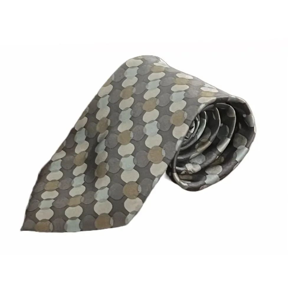 DKNY 100% Silk Designer Tie Gray Beige Geometric Business Casual Neutral Necktie